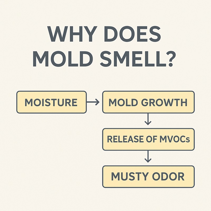 Diagram explaining why mold smells: moisture leads to mold growth, which releases gases (MVOCs) that create musty odors.