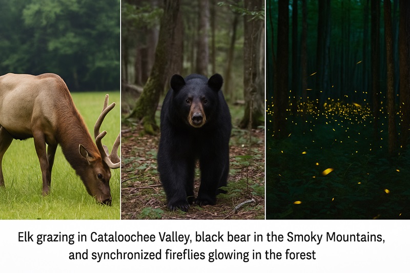 Elk grazing in Cataloochee Valley, black bear in the Smoky Mountains, and synchronized fireflies glowing in the forest.