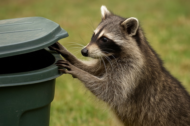 Raccoon’s clawed paws manipulating a garbage bin lid.