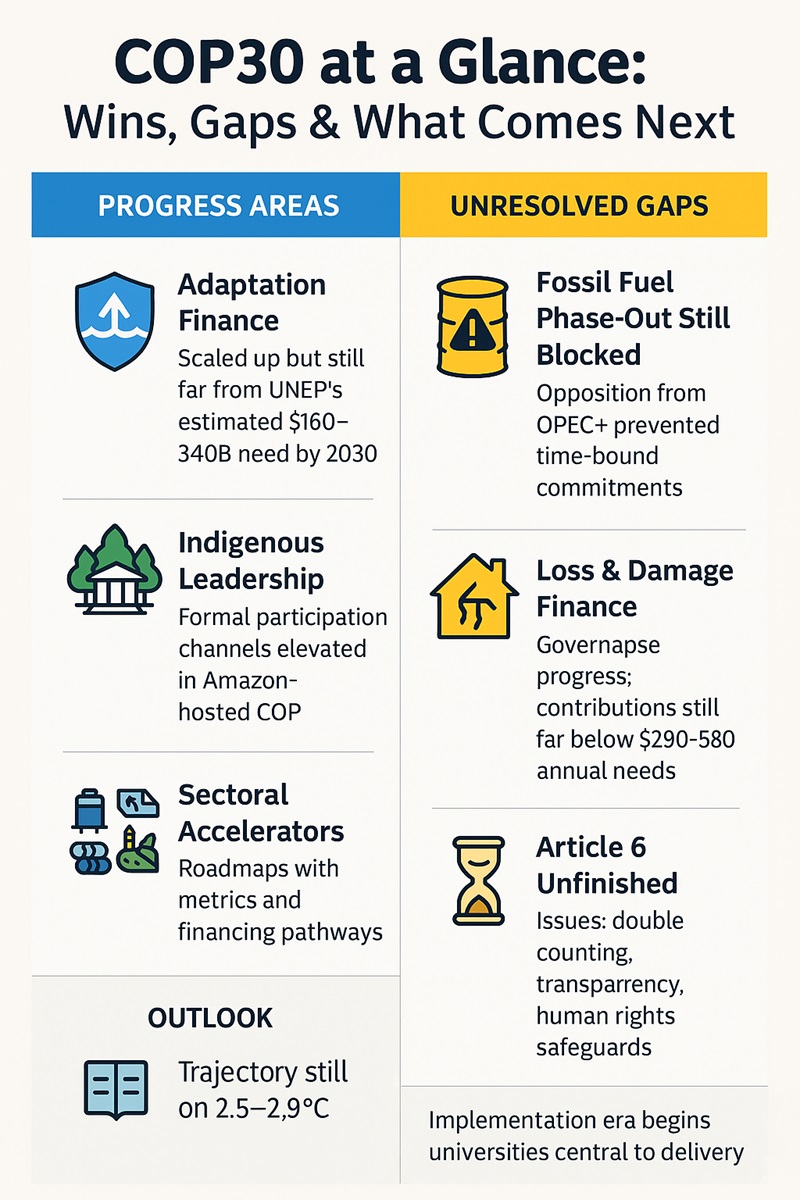 Infographic summarizing COP30’s major achievements and gaps, including adaptation finance progress, Indigenous leadership, sectoral roadmaps, stalled fossil fuel negotiations, loss and damage financing needs, and Article 6 carbon market challenges.