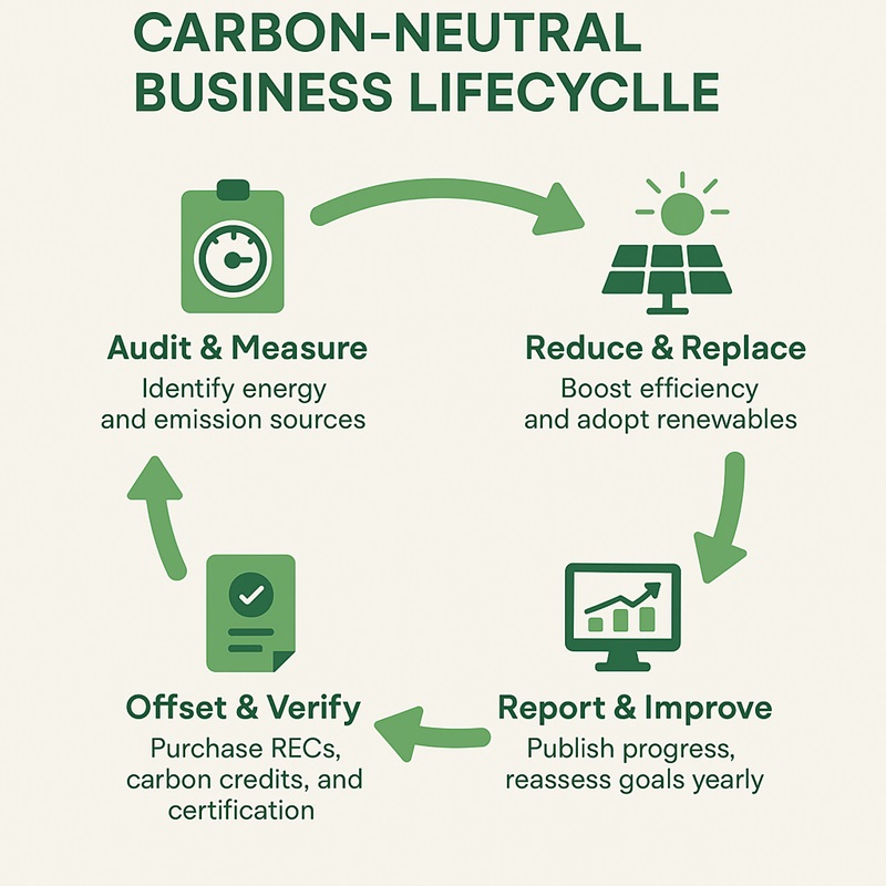 Circular flow infographic showing the continuous carbon-neutral business lifecycle—auditing, reducing, offsetting, and verifying emissions.
