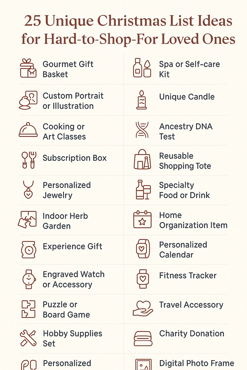 Infográfico intitulado '25 ideias exclusivas de listas de Natal para entes queridos difíceis de comprar', mostrando duas colunas de ideias criativas para presentes com ícones vermelhos minimalistas. Os itens incluem cesta de presentes gourmet, retrato personalizado, kit de spa, teste de DNA, caixa de assinatura, sacola reutilizável, joias personalizadas, jardim de ervas, relógio gravado, jogo de quebra-cabeça, conjunto de suprimentos para hobby, doação de caridade e porta-retratos digital - todos apresentados em um design festivo bege e vermelho.