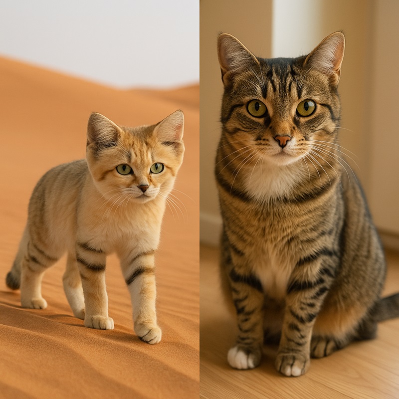 Comparison of a sand cat adapted to desert life versus a domestic cat living in human environments.