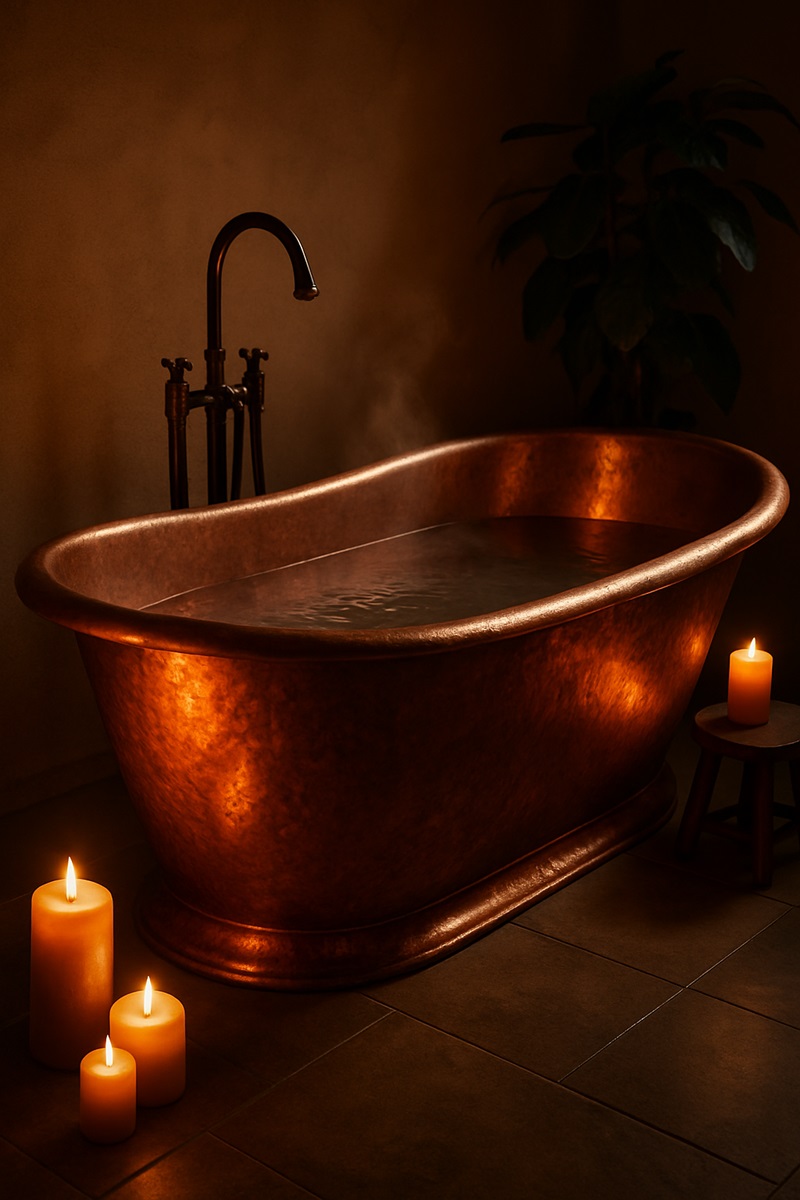 Warm, candlelit copper bathtub glowing softly in a spa-style bathroom.