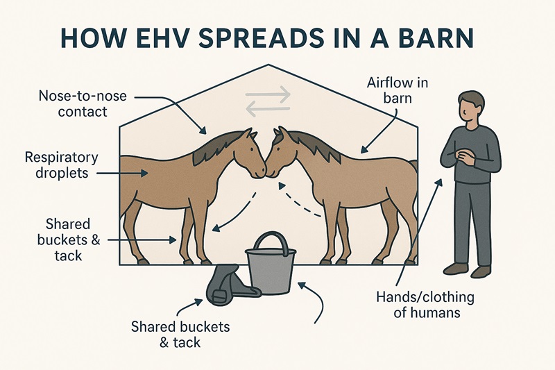 Diagram showing how Equine Herpesvirus (EHV) spreads through nose-to-nose contact, respiratory droplets, shared equipment, and human-to-horse mechanical transmission inside barns.