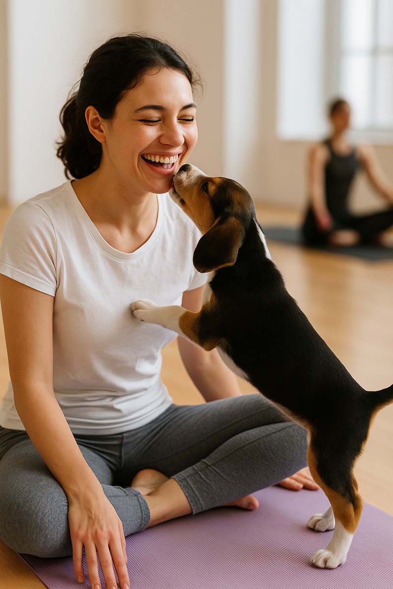 Person smiling during a puppy yoga class as a playful puppy interacts with their yoga mat.