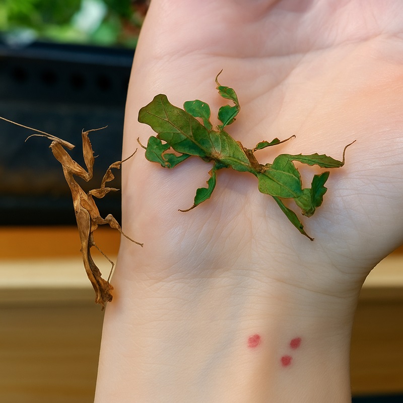 Close-up image of a ghost mantis perched on a person’s hand, highlighting its reddish-brown leaf-like body, raised forelegs, and detailed head structure.