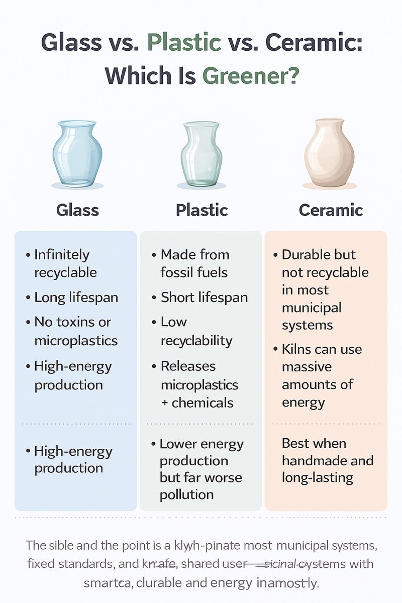 Infographic comparing glass, plastic, and ceramic vases based on recyclability, lifespan, pollution, and energy use.