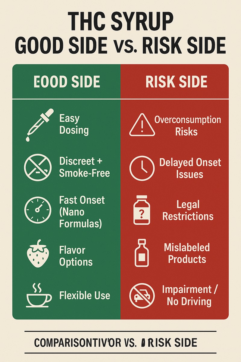 Infographic comparing benefits and risks of THC syrup in a side-by-side chart.