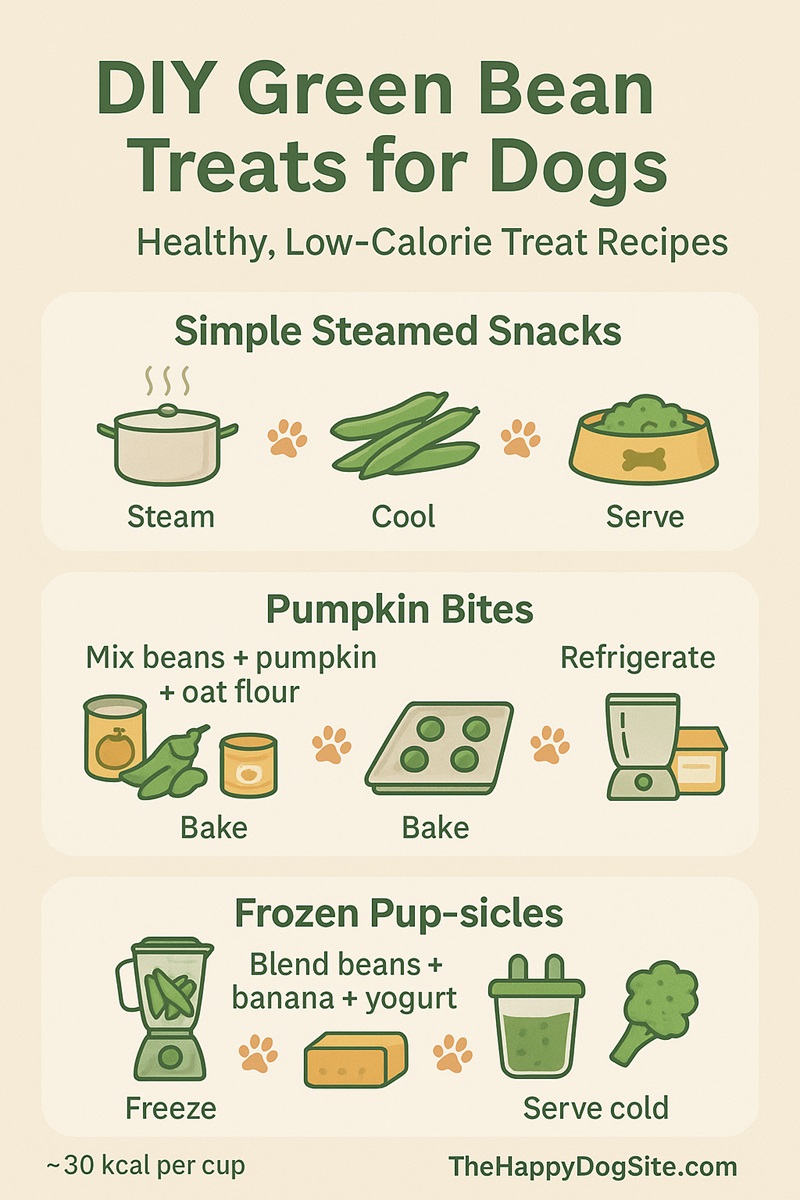 Recipe infographic showing three ways to make green bean treats for dogs — steamed snacks, pumpkin bites, and frozen pup-sicles.