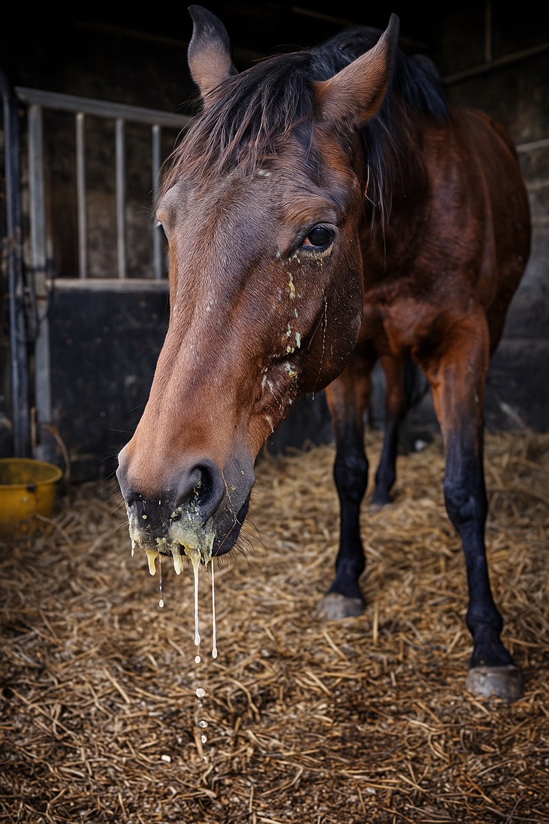 Horse with nasal discharge showing EHV infection symptoms.
