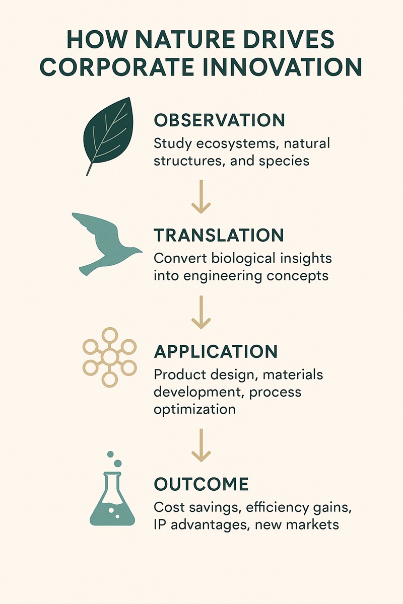 Infographic showing the process of nature-inspired innovation: observing ecosystems, translating biological insights, designing new products, and generating commercial outcomes.
