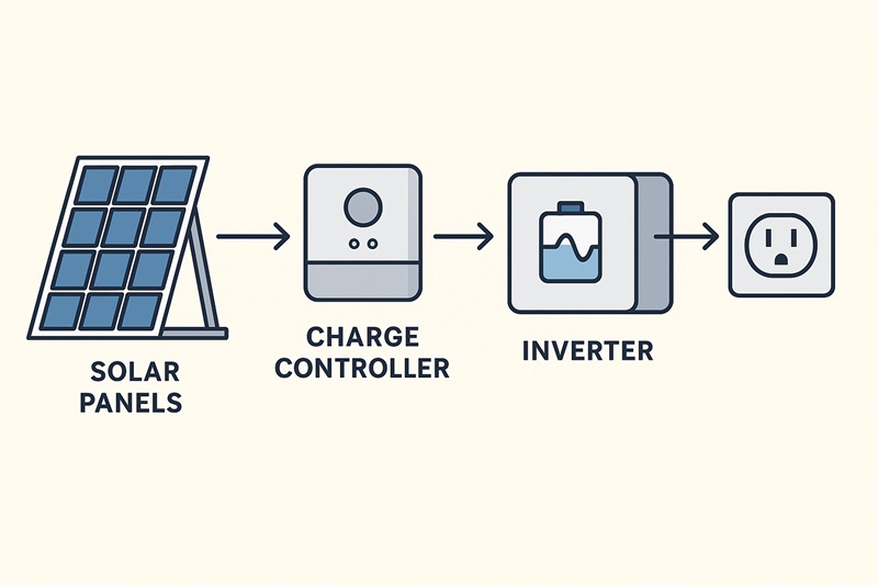 Diagram showing how a solar generator works, including solar panels, charge controller, battery storage, and inverter output.