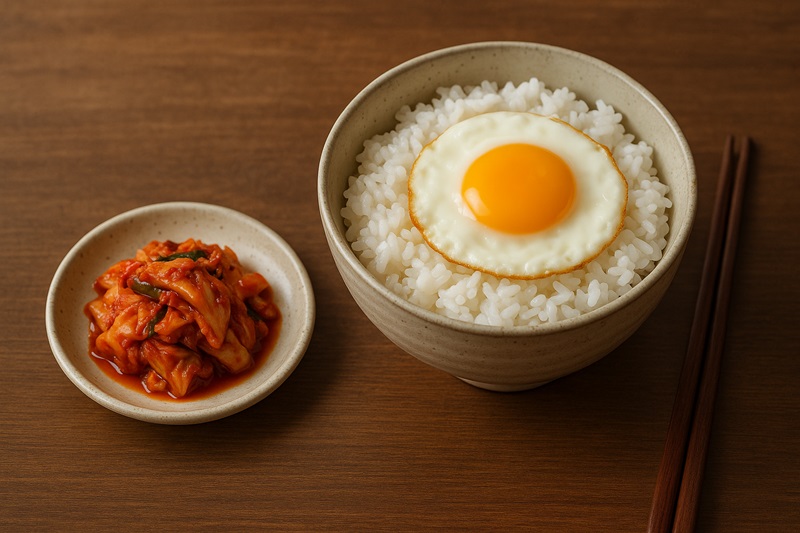 Bowl of rice and fried egg served with kimchi on the side, illustrating traditional Korean meal pairing.