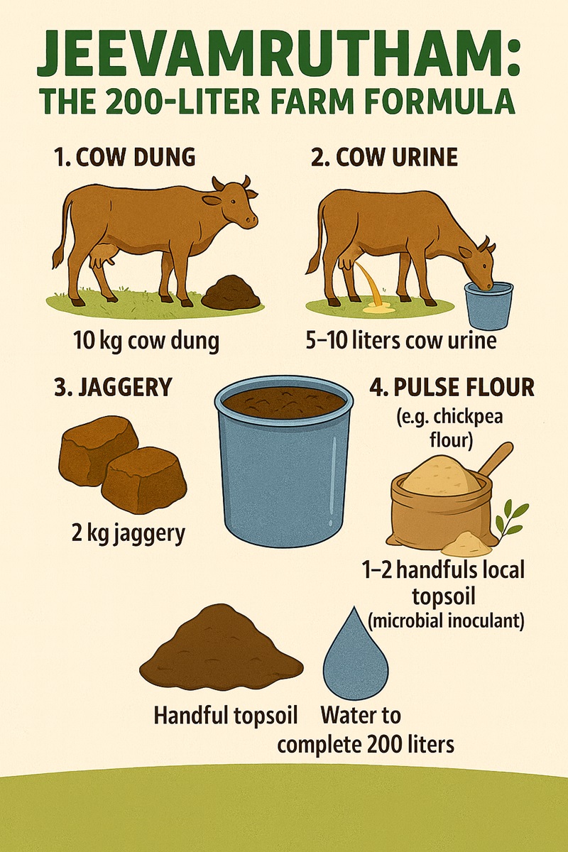 Step-by-step infographic showing how to mix a 200-liter batch of Jeevamrutham using cow dung, cow urine, jaggery, pulse flour, topsoil, and water