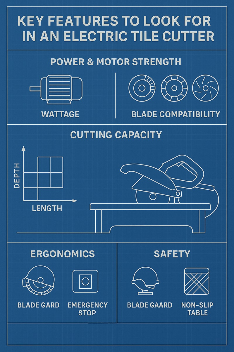 Infographic outlining essential features of a professional electric tile cutter, including motor power, blade type, cutting capacity, ergonomics, and safety.