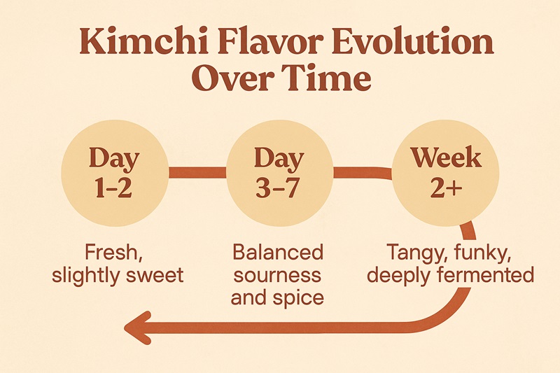 Timeline infographic showing how kimchi flavor evolves from fresh and sweet to tangy and pungent as it ferments.