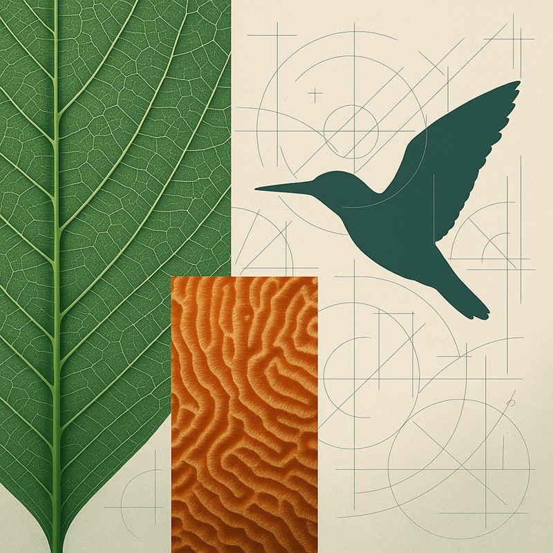 Collage showing natural patterns—leaf veins, coral textures, and bird wings—overlaid with engineering graphics to represent biodiversity-driven innovation.