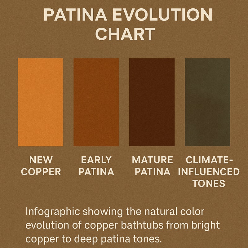 Infographic showing the natural color evolution of copper bathtubs from bright copper to deep patina tones.