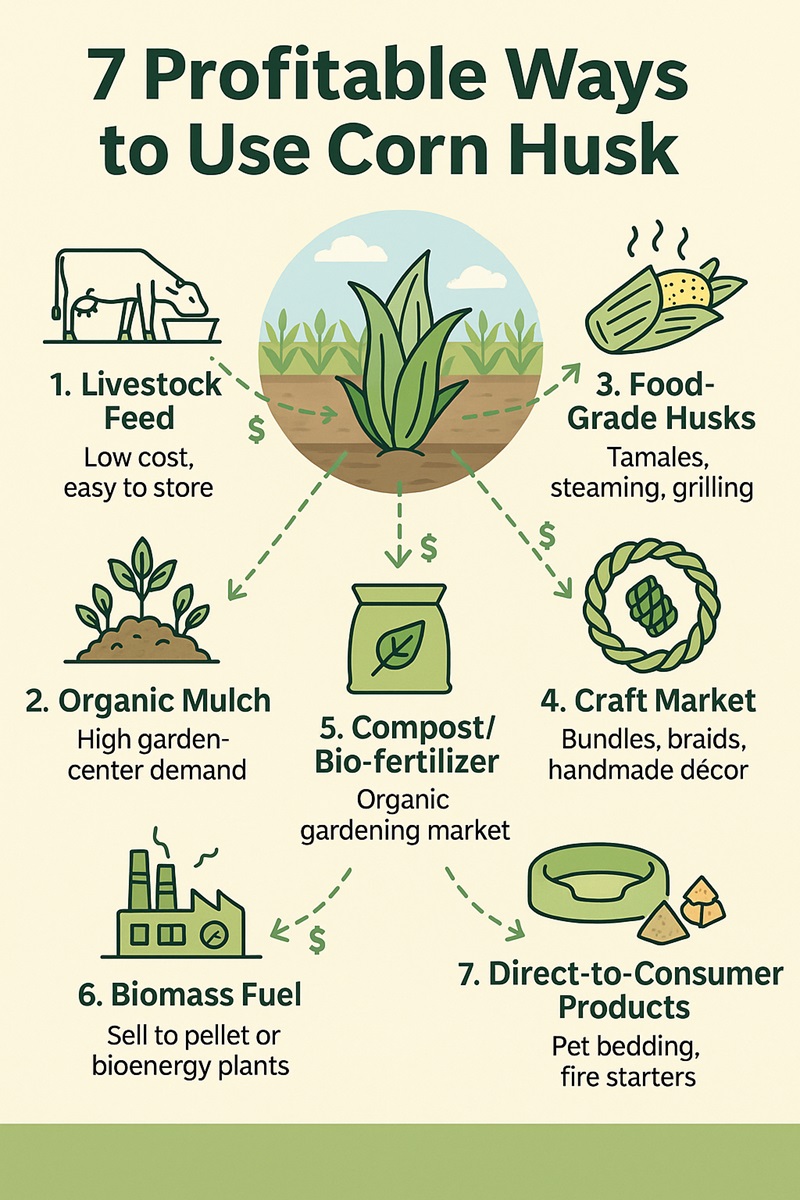 Infographic showing seven profitable uses of corn husk, including mulch, feed, crafts, food-grade wrappers, compost, biomass fuel, and consumer products.