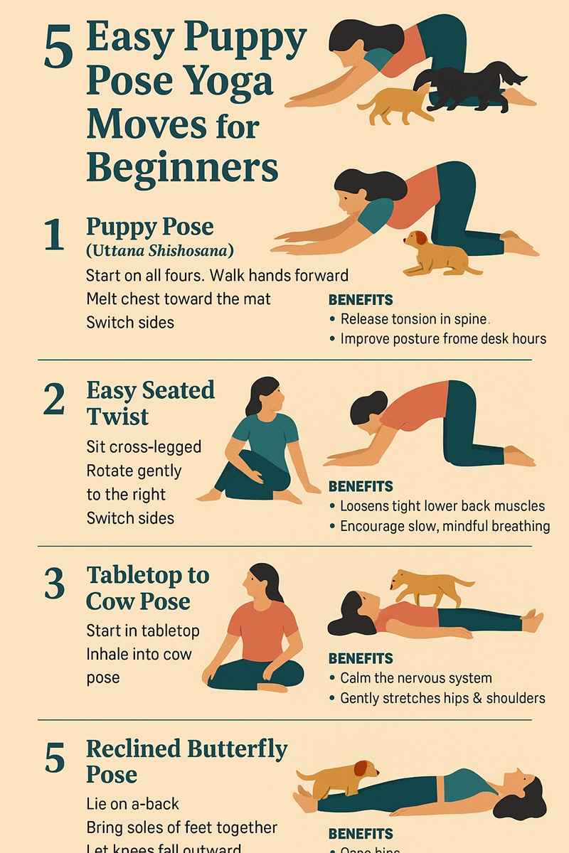 Infographic showing five easy puppy yoga poses for beginners, including Puppy Pose, Seated Twist, Tabletop to Cow Pose, Supported Child’s Pose, and Reclined Butterfly Pose, each illustrated with a person practicing the pose alongside playful puppies.