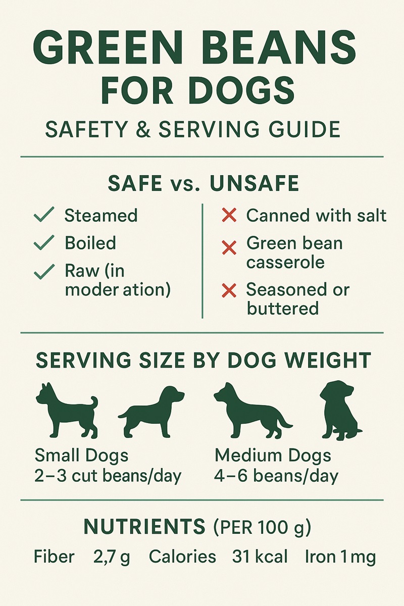 Infographic showing how to safely feed green beans to dogs — including serving size by dog weight, safe vs unsafe prep methods, and key nutrients.