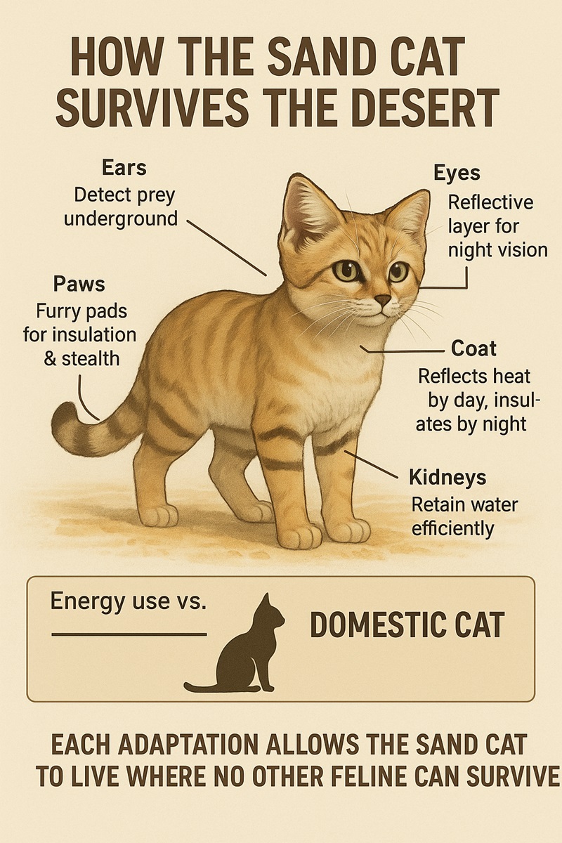 Infographic showing physical adaptations of the sand cat for desert survival, including fur-covered paws, heat-reflecting coat, and sensitive ears.