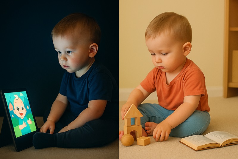 Split image of a toddler watching a cartoon screen versus playing quietly with toys, symbolizing balance between screen time and real-world play.
