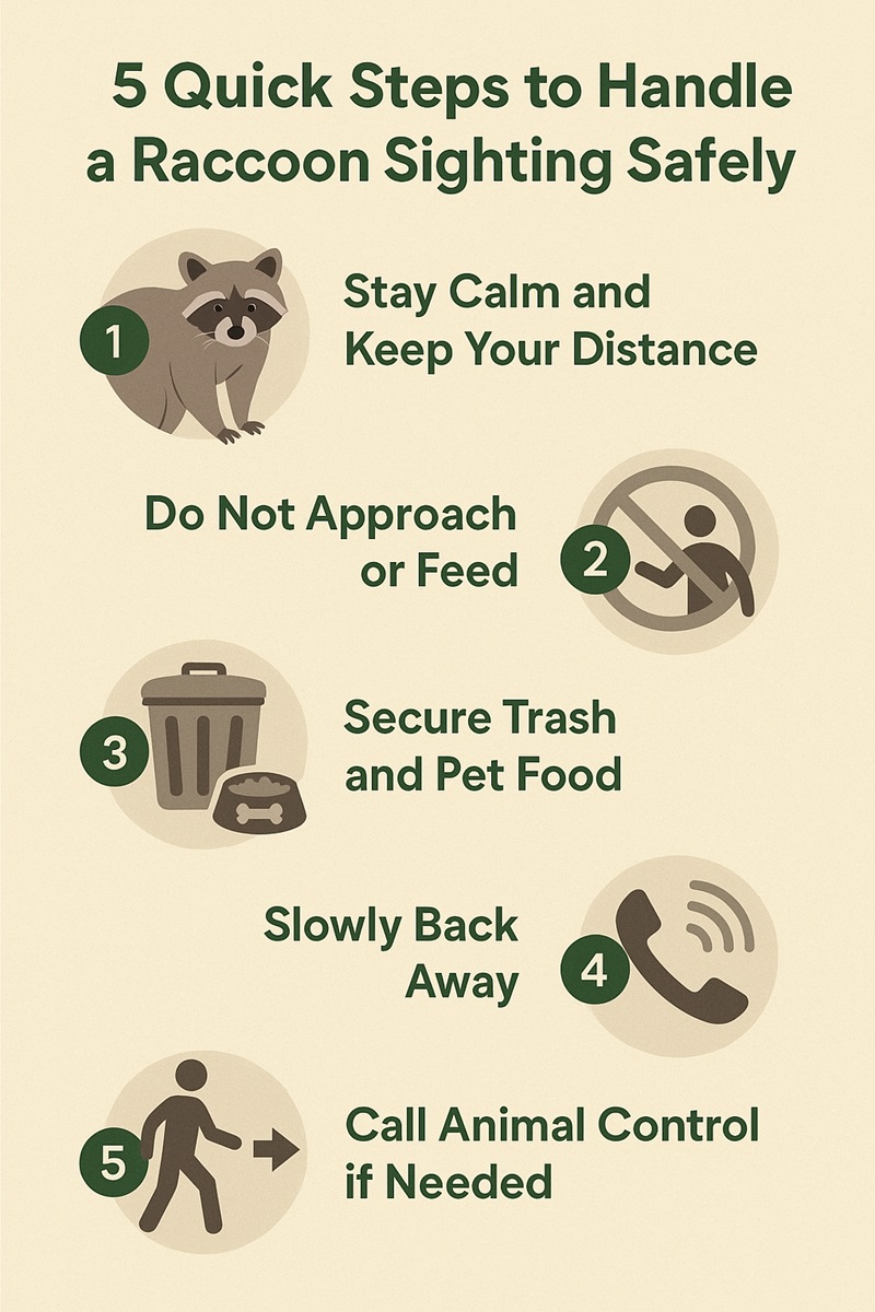 Illustrated guide showing how to react safely when spotting a raccoon in a backyard.