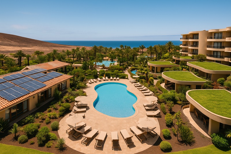 How Spain Leads in Eco-Living and Sustainable Travel Sustainable resort in Canary Islands using solar panels, green roofing, and rainwater harvesting.