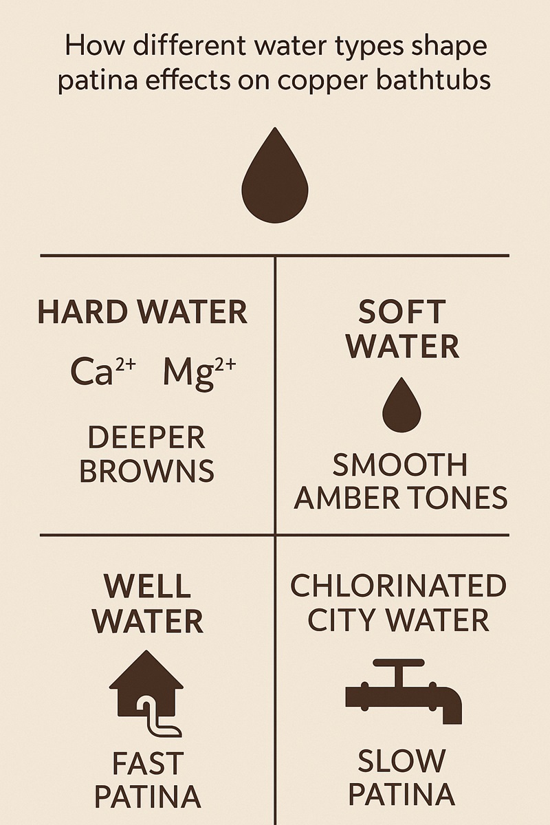 Infographic showing how hard, soft, well, and chlorinated water create different patina effects on copper bathtubs.