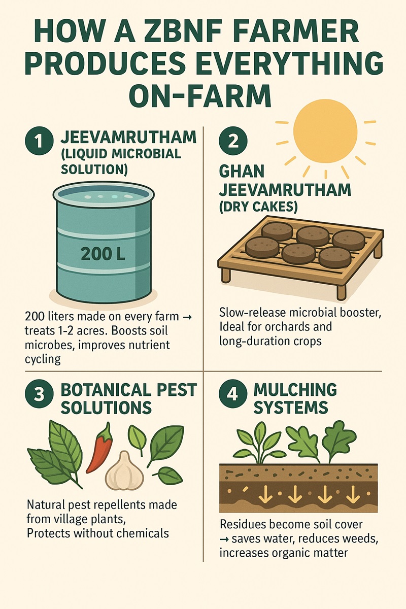 Infographic showing four on-farm inputs produced by ZBNF farmers: Jeevamrutham, Ghan Jeevamrutham, botanical pest solutions, and mulching systems.