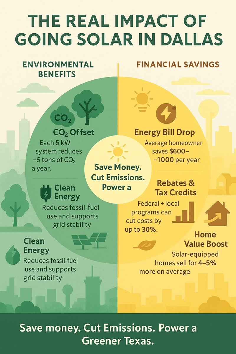 Infographic showing how solar panels in Dallas reduce carbon emissions, equal tree planting impact, lower energy bills, and raise home value — combining financial and environmental gains.