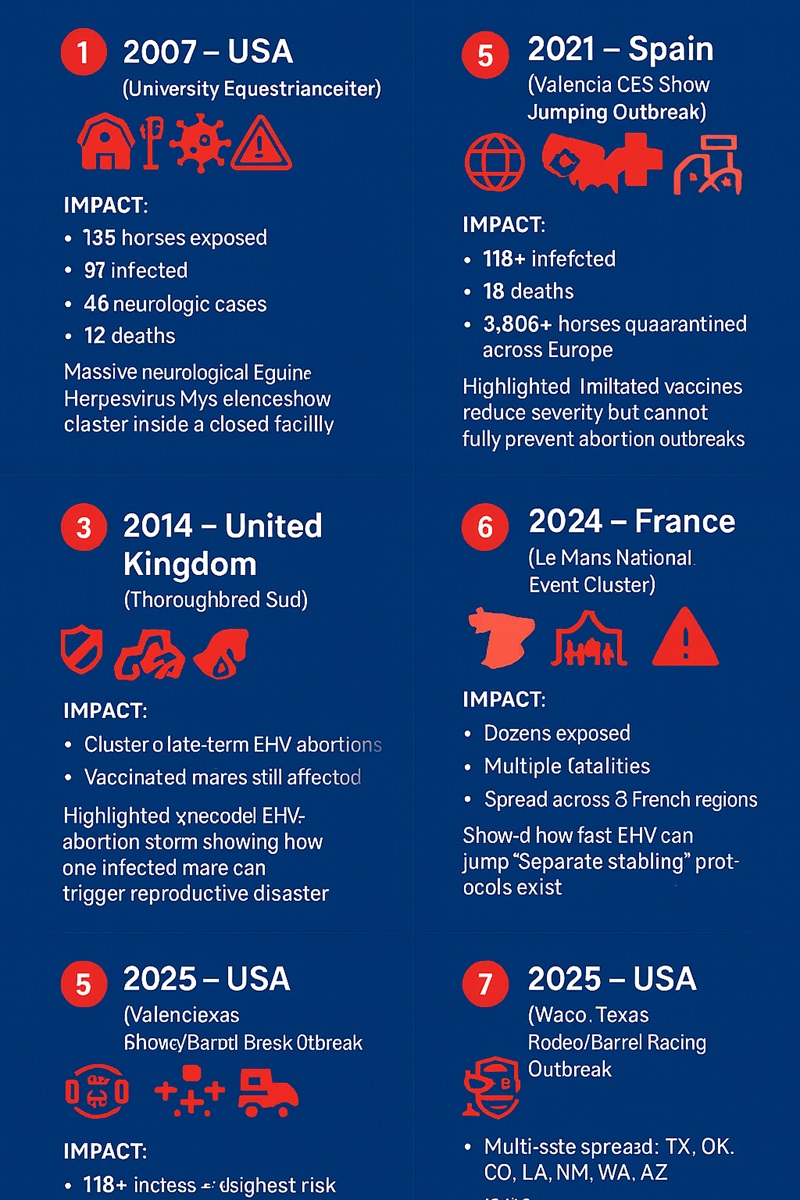 : Infographic showing the seven biggest EHV outbreaks worldwide from 2007–2025 with impact statistics.