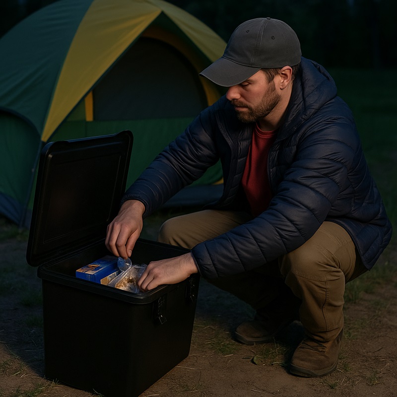 5. Camper securing food in a wildlife-proof storage box beside a tent at dusk to avoid attracting raccoons.