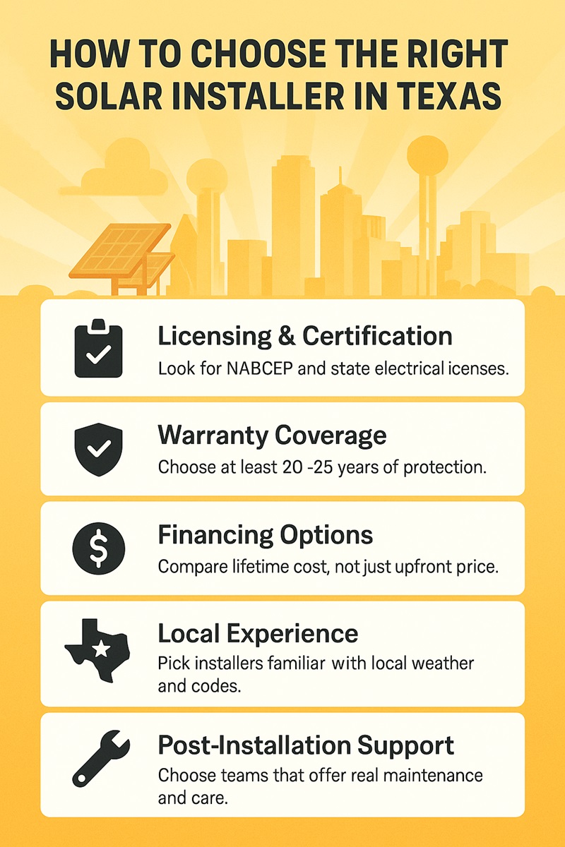 Checklist-style infographic showing five key factors to compare when choosing a solar installer in Texas — licensing, warranty, financing, local experience, and maintenance support.
