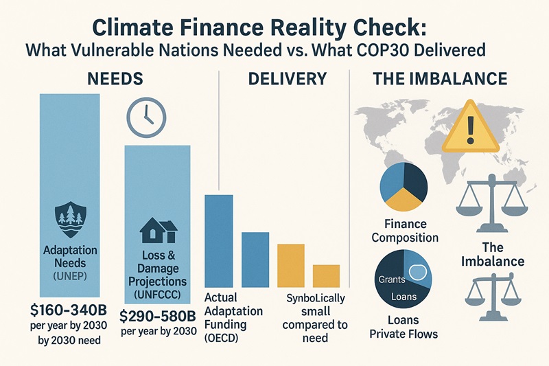 Infographic comparing global climate finance needs—adaptation, mitigation, and loss & damage—to actual funding delivered, highlighting gaps between UNEP and UNFCCC estimates and current OECD-reported flows.