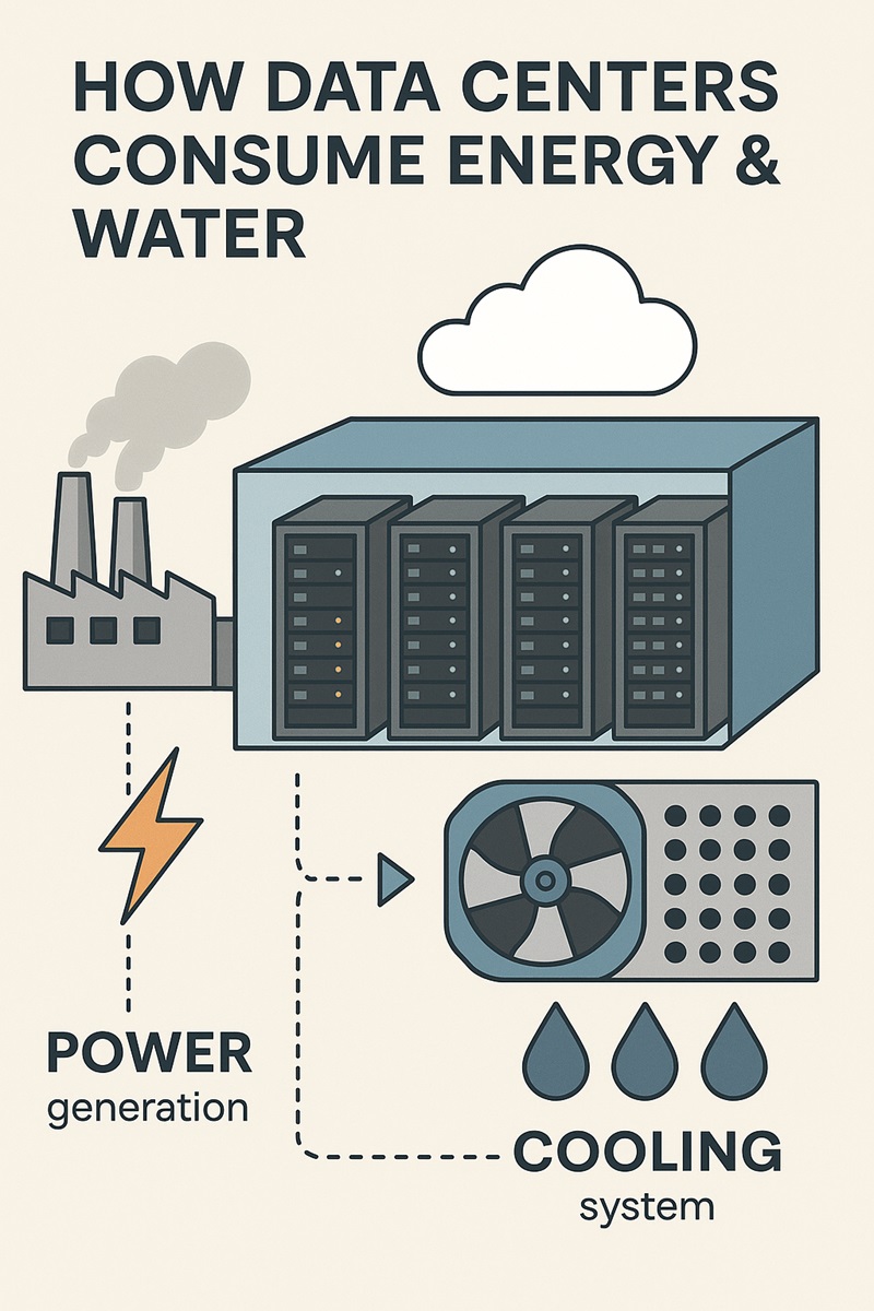 Diagram showing power flow, cooling systems, and water use in a modern data center.