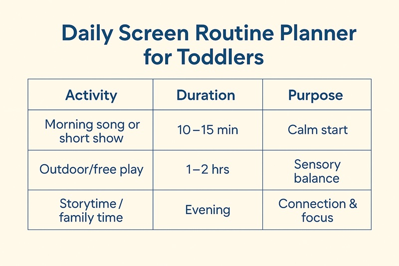 Daily toddler routine chart balancing short screen sessions with outdoor and quiet play for healthy brain development.