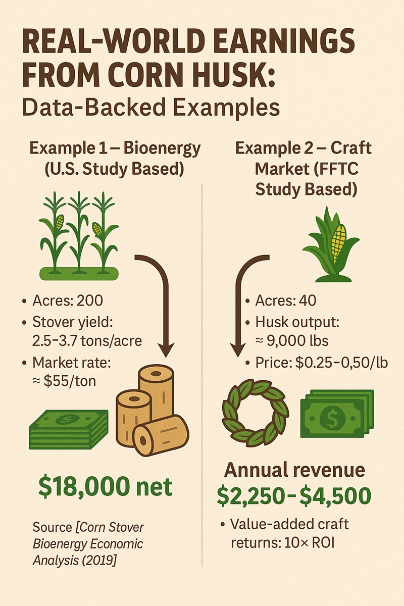 Infographic comparing real-world revenue from corn husk in bioenergy and craft markets with data-based profit ranges.