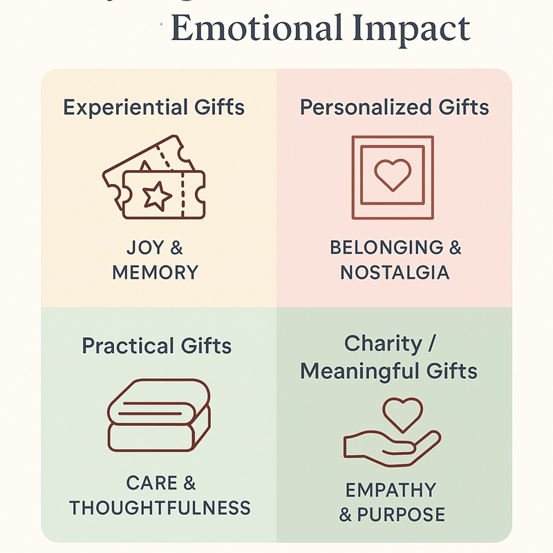 Infographic titled ‘How Giving Gifts Boosts Happiness,’ showing three stages — Giving, Emotional Connection, and Brain’s Reward System — with icons of a gift box, open hands, and a brain. Below, supporting facts cite studies from Harvard and Cornell, highlighting that giving gifts increases happiness, strengthens relationships, and triggers dopamine release.