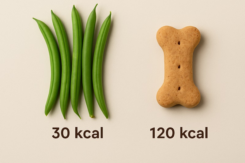 Comparison photo showing lower calories in green beans versus commercial dog treats.