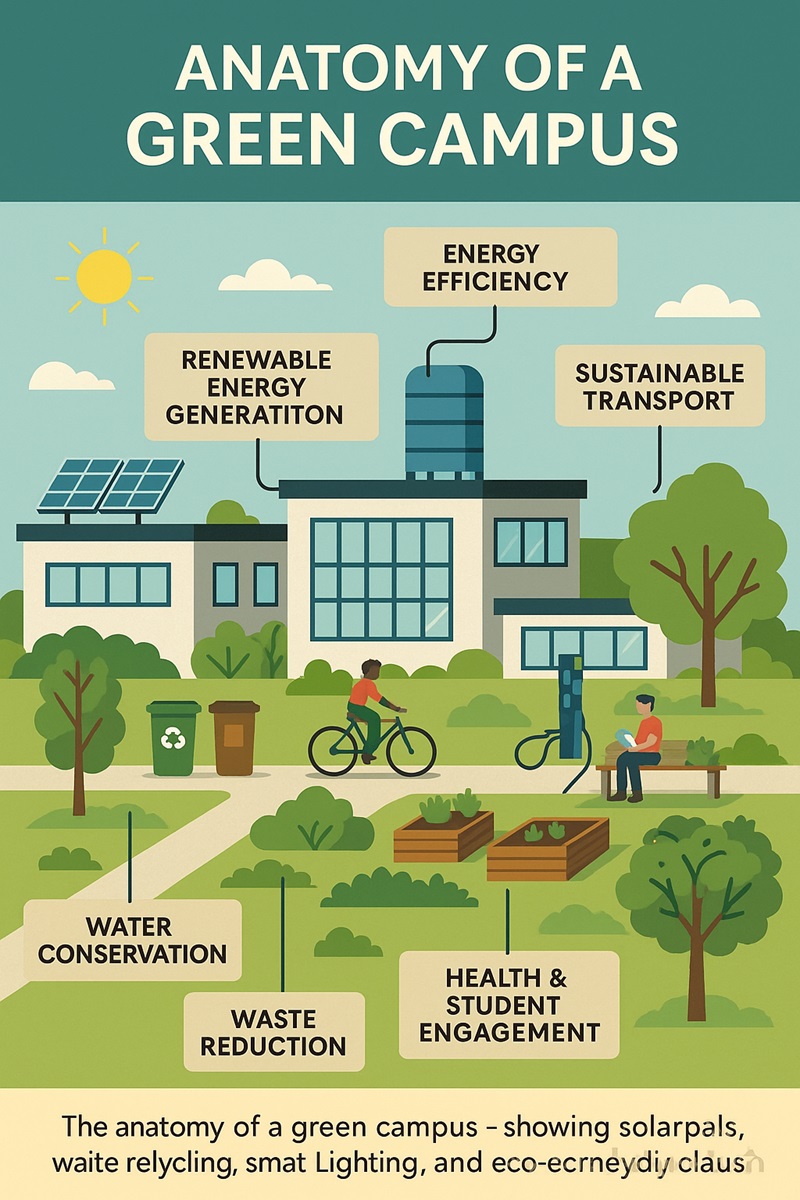 Diagram of a sustainable green campus showing solar panels, water recycling, smart lighting, bike paths, and eco-friendly classrooms.