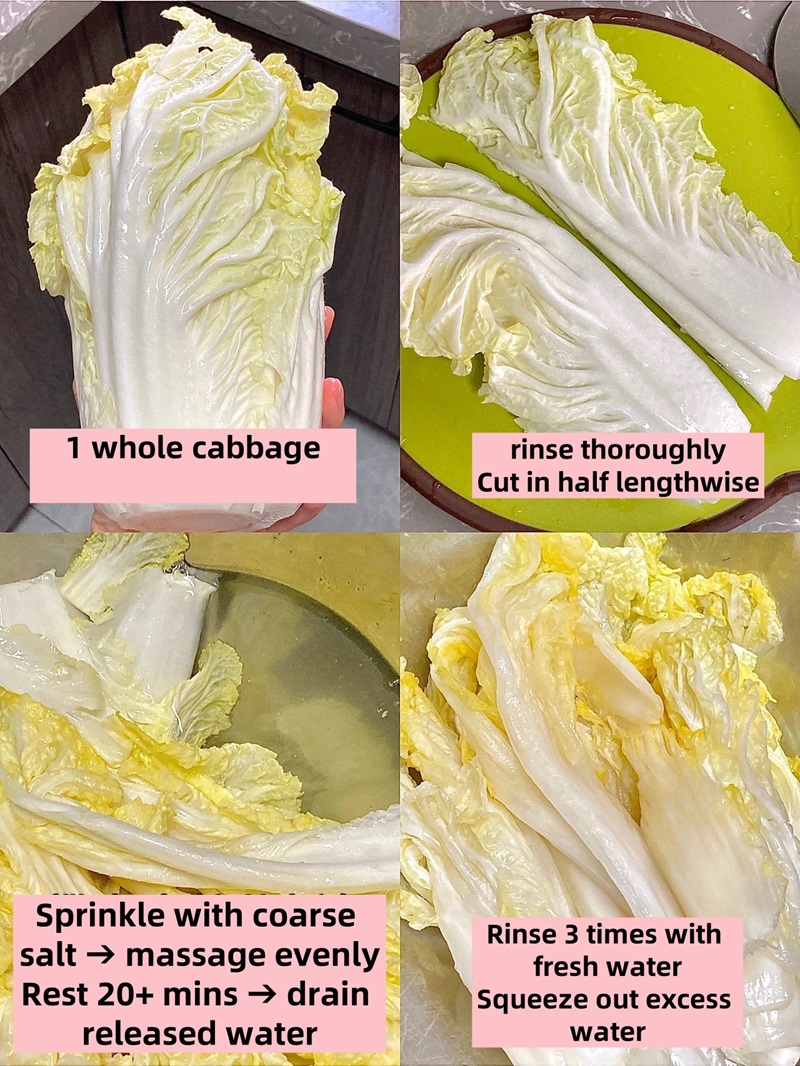 Infographic showing kimchi-making process from salting vegetables to fermentation and storage.