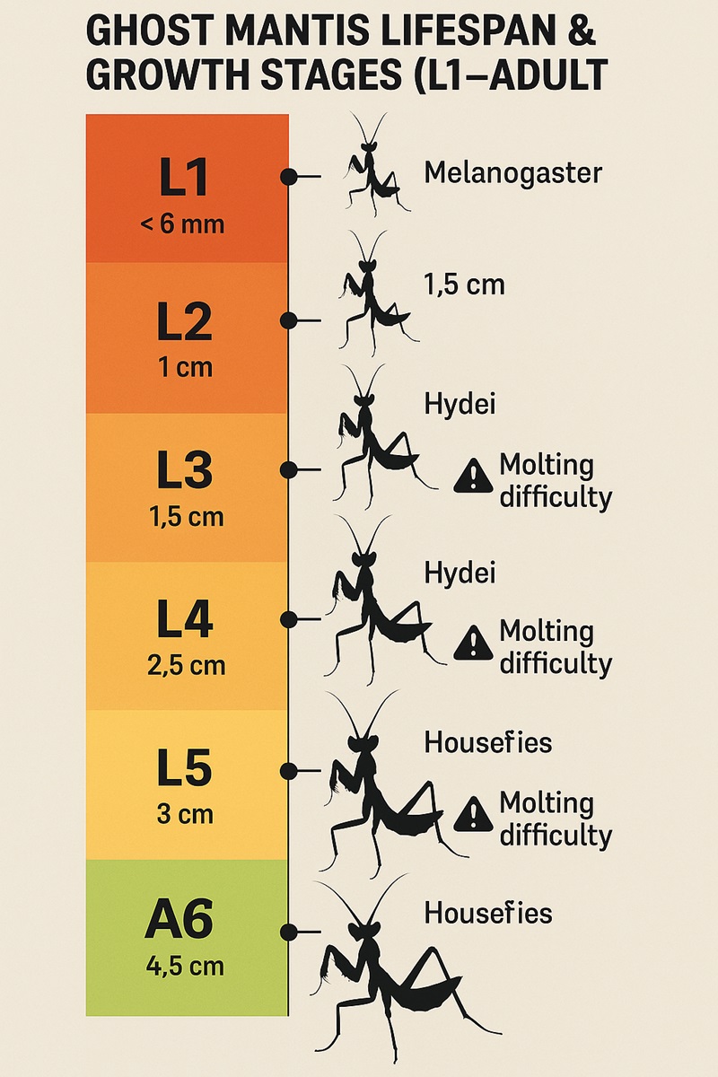 Infographic showing the 7 growth stages of the ghost mantis from L1 to adult, including size changes, feeding needs, and molt challenges.
