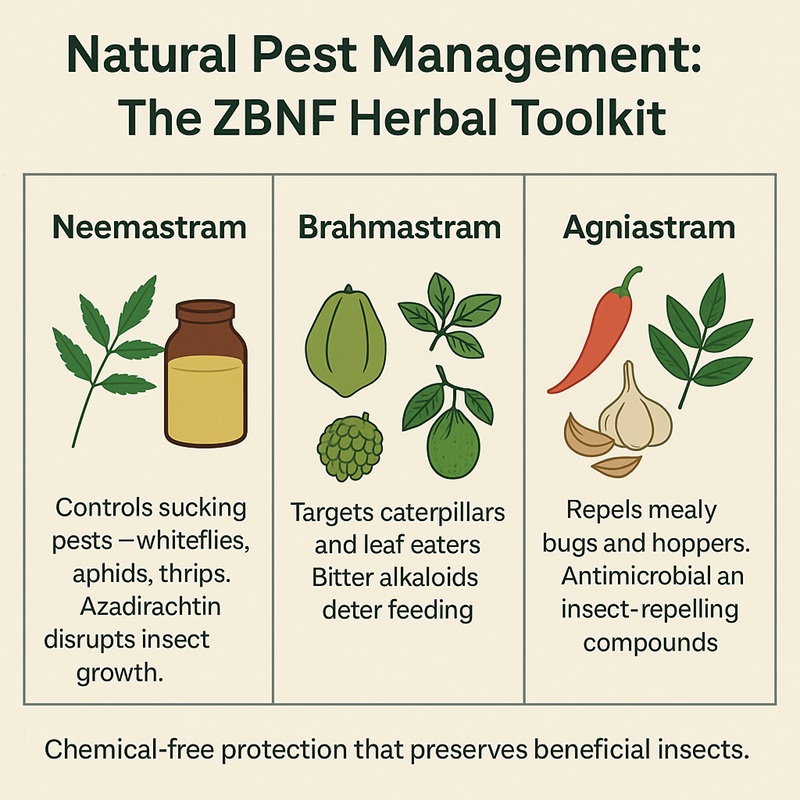 Infographic showing three botanical pest solutions used in ZBNF: Neemastram, Brahmastram, and Agniastram.