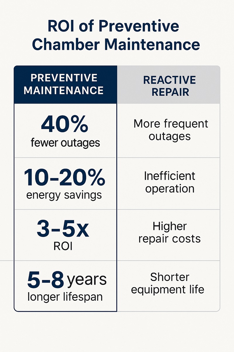 Comparison infographic showing preventive maintenance benefits over reactive repair for environmental test chambers.