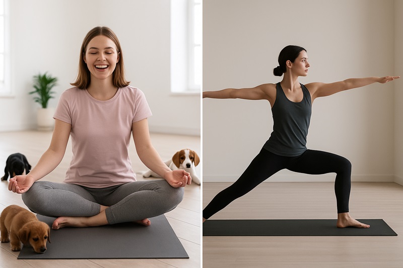 Split image comparing puppy yoga with puppies roaming on mats versus a traditional yoga class with quiet, structured poses.