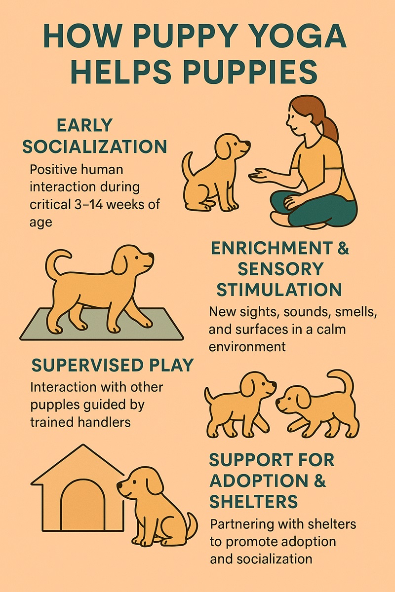 Infographic titled ‘How Puppy Yoga Helps Puppies’ showing illustrations of puppies and a person interacting with them. It highlights four benefits: early socialization during ages 3–14 weeks, enrichment and sensory stimulation through new sights and sounds, supervised play guided by trained handlers, and support for adoption and shelters through partnered programs.