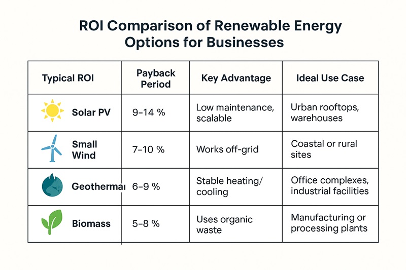 Table-style infographic comparing ROI, payback period, and ideal use cases for solar, wind, geothermal, and biomass energy in business operations.